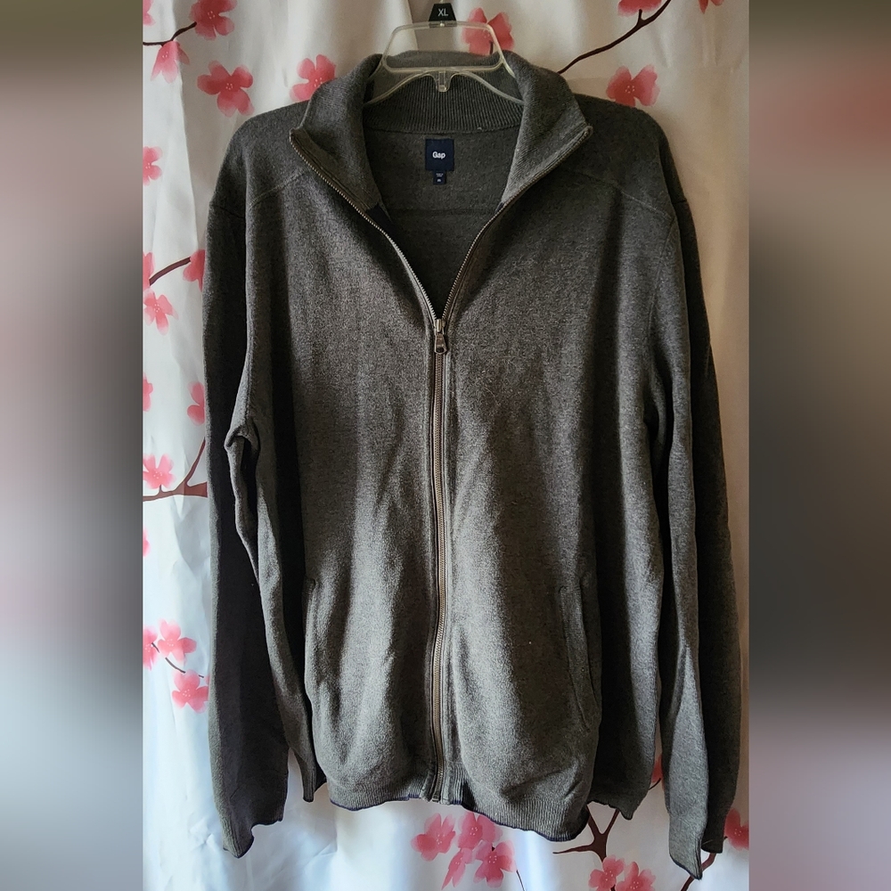 Gap Men's Gray Blue Trim Collared Long Sleeve Zip Up Sweater Size XLarge XL